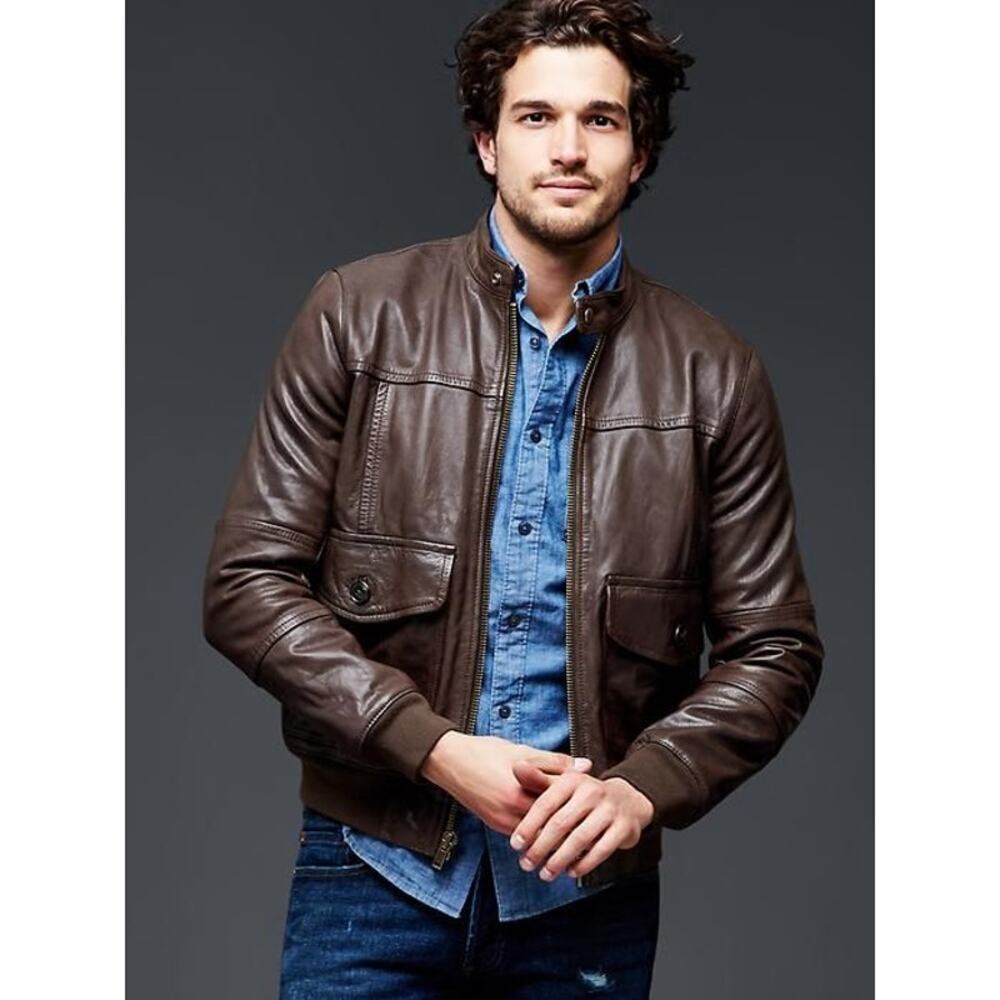 Gap Men's Brown Genuine Leather Aviator Full Zip Motorcycle Jacket Size XL tall